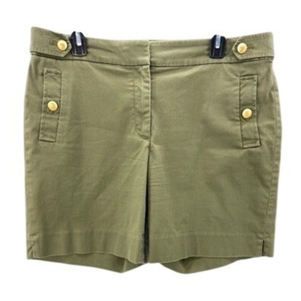 Talbots Shorts Womens Sz 12 Olive Green Nautical Gold Crest‎ Button Cotton Blend